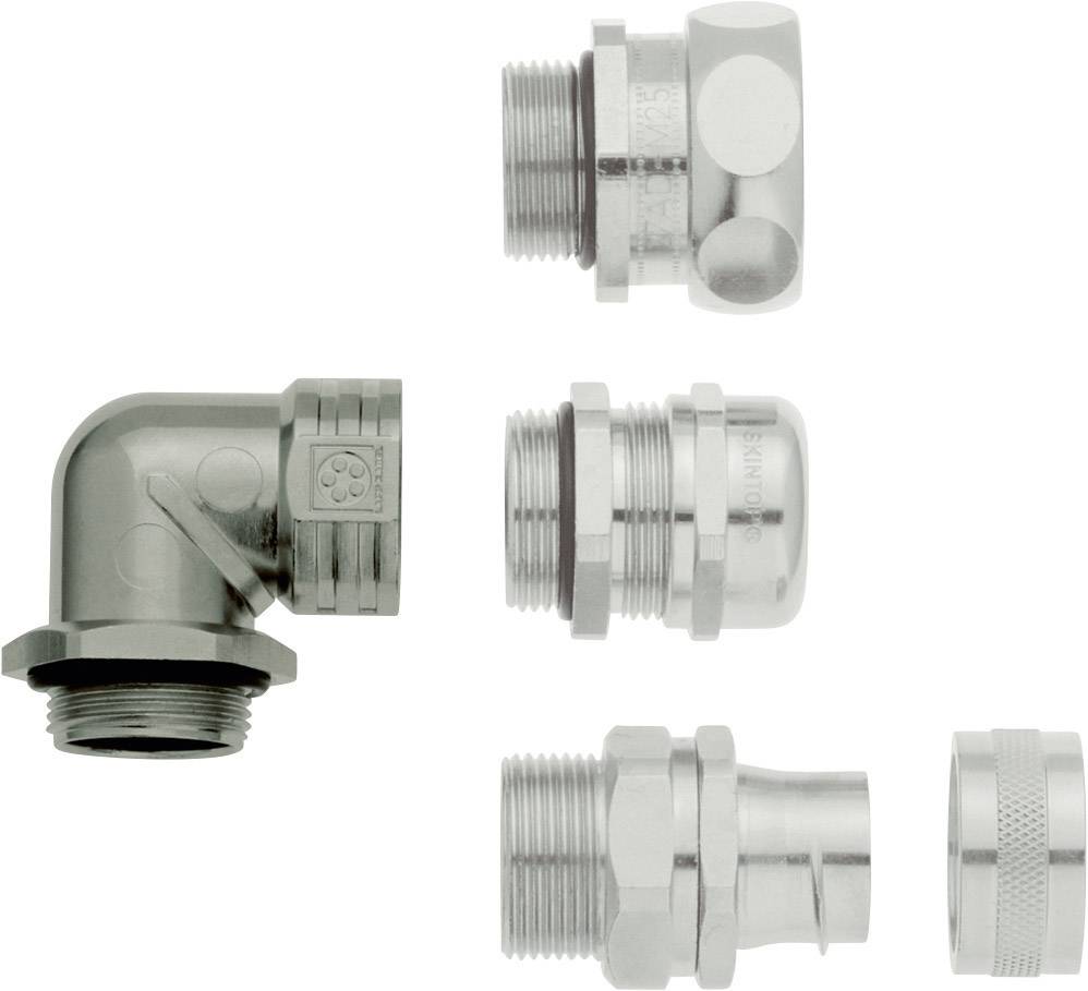 Fünf metallische Rohrverbindungsstücke in verschiedenen Formen und Größen, inklusive eines Eckstücks. Sie sind aus glänzendem Metall.