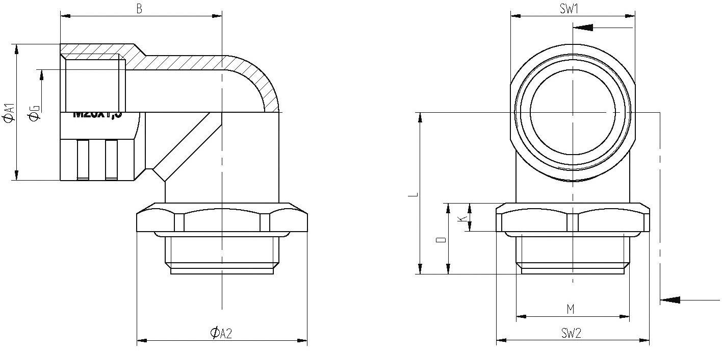 Technische Zeichnung eines Winkelanschlusses mit Bemaßungen. Zeigt Durchmesser, Gewindegrößen und Seitenansicht des Bauteils.