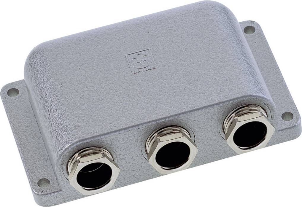 Metallisches Kabelgehäuse mit drei Kabeldurchführungen, geeignet für industrielle Anwendungen zur sicheren Verkabelung und Verbindung.