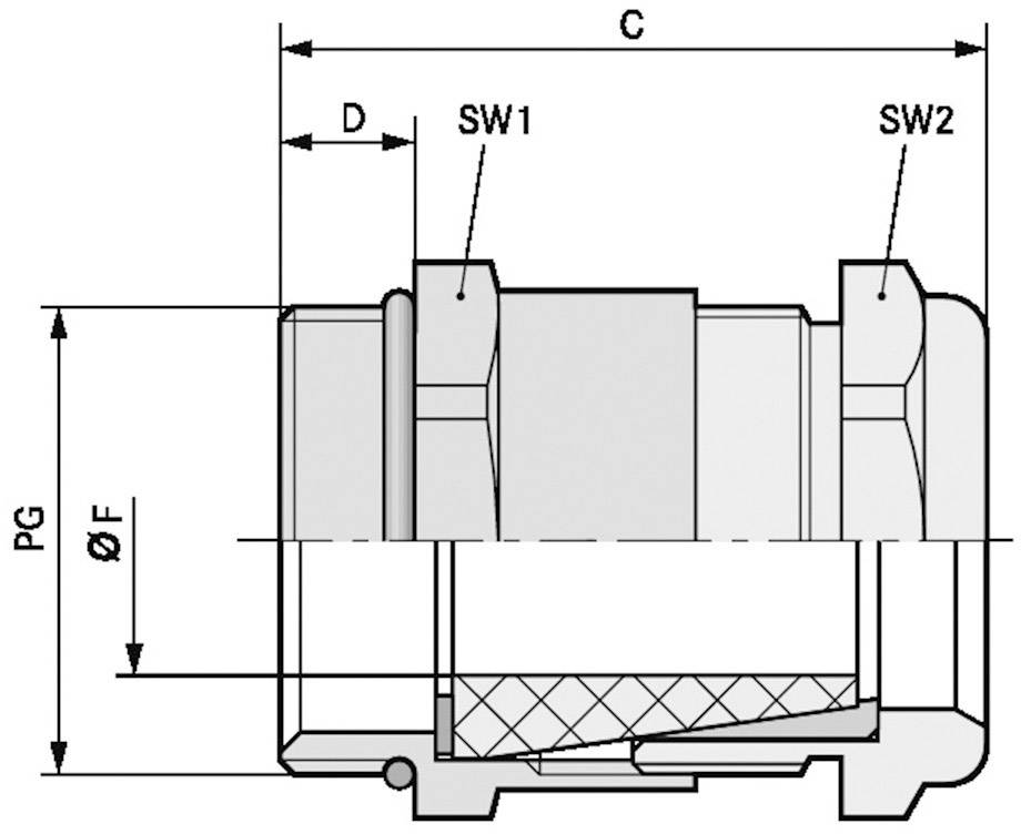 Technische Zeichnung einer Verschraubung mit Bemaßungen und Bezeichnungen: D, C, PG, ØF, SW1, SW2. Zeigt Bauform und Struktur.