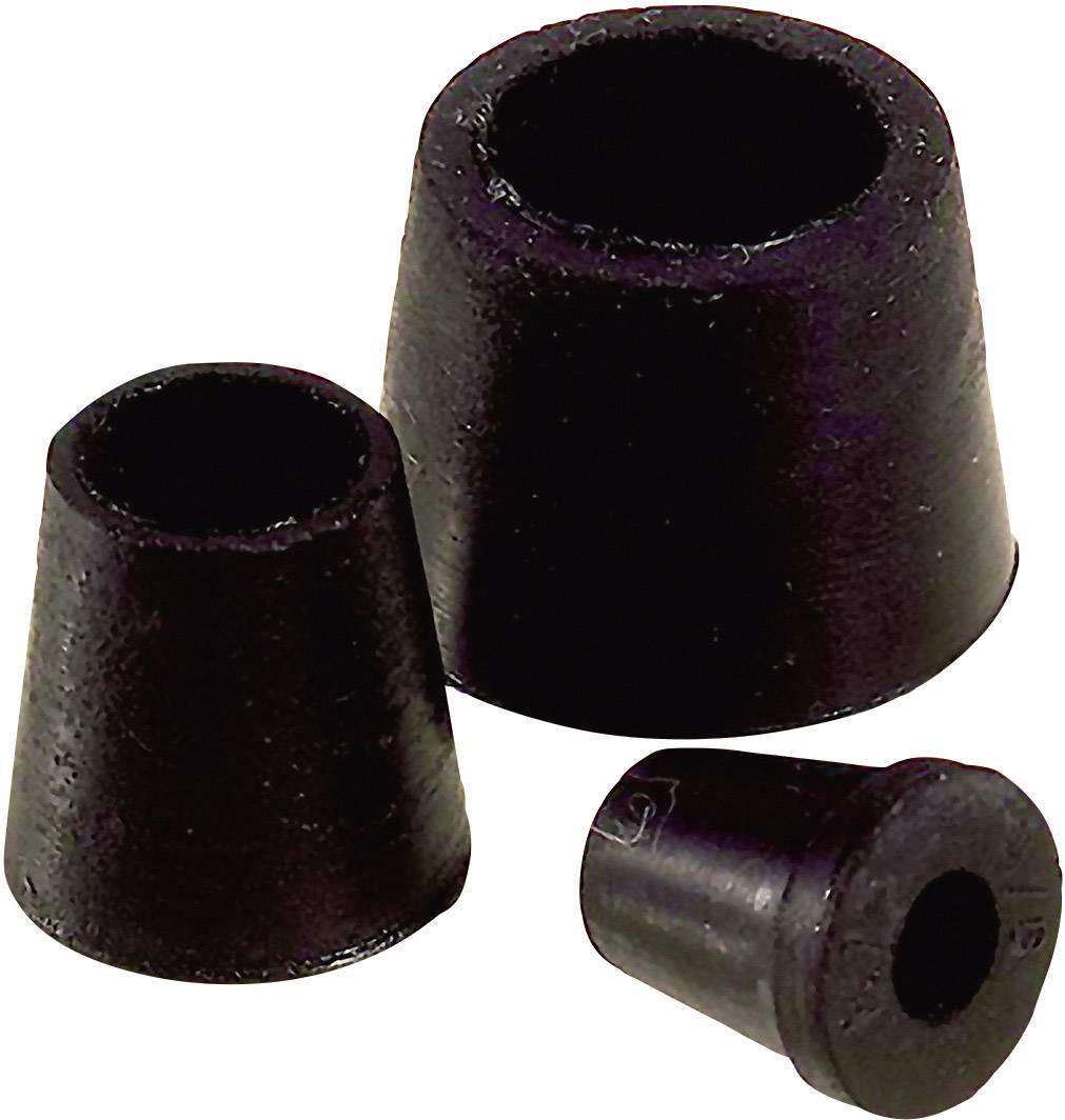 Drei unterschiedlich große schwarze Gummipuffer in Kegel- und Zylinderform auf einer weißen Fläche. Geeignet zur Vibrationsdämpfung.