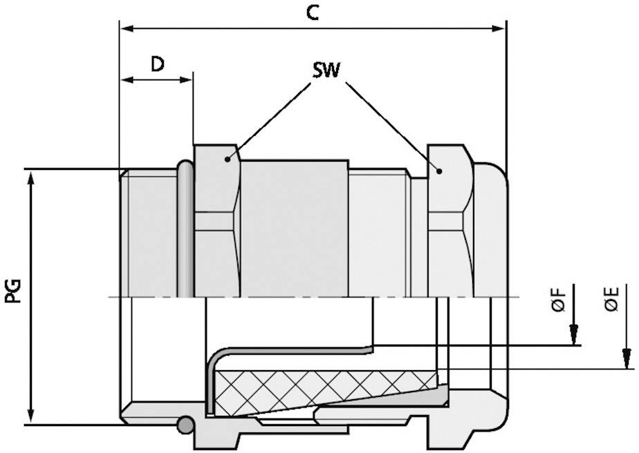 Technische Zeichnung eines Fittings mit Bemaßungen: Gesamtlänge 'C', Durchmesser 'D', Schlüsselweite 'SW', Außengewinde- und Innendurchmesser 'ØE', 'ØF'. Zeigt Querschnittsansicht.