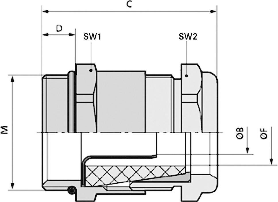 Technische Zeichnung eines mechanischen Bauteils mit Abmessungen und Beschriftungen für 'SW1', 'SW2', 'M', 'D', 'C', 'ØB', 'ØF'.