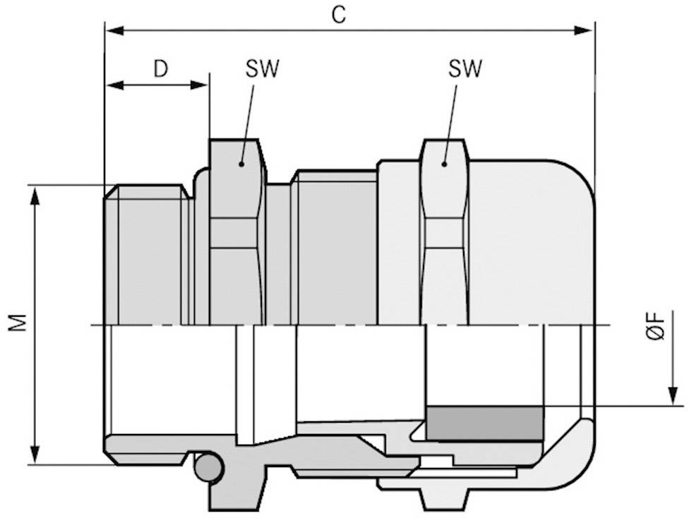 Technische Zeichnung eines mechanischen Bauteils mit Dimensionen. Hauptmerkmale sind Breite C, Durchmesser ØF und Höhe M. Abmessungen D und SW sind ebenfalls markiert.