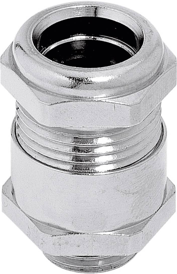 Metallverbinder mit sechseckigen Muttern an beiden Enden. Verbindet zwei Röhren oder Leitungen. Silber glänzend.