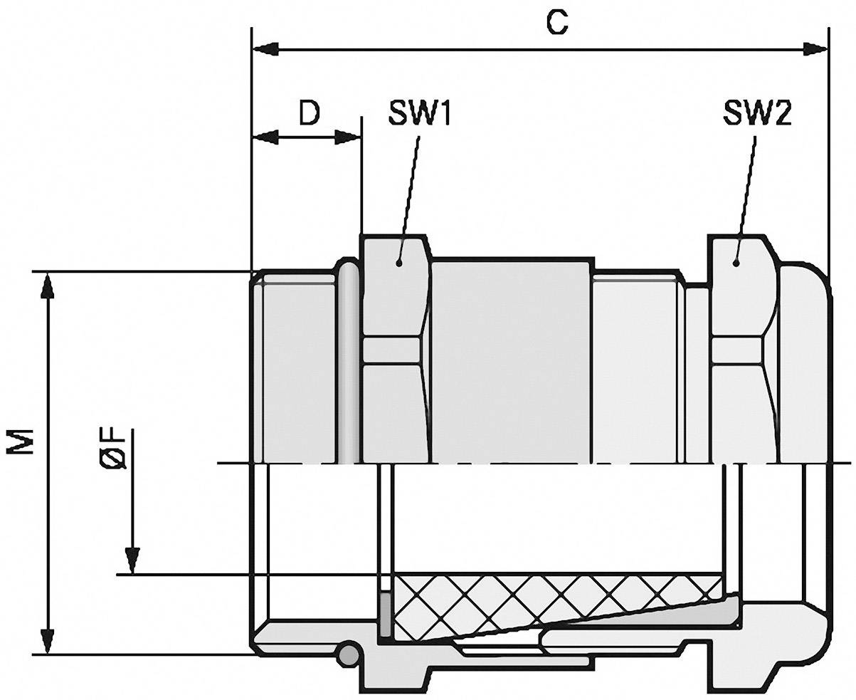 Technische Zeichnung einer mechanischen Komponente mit Maßen M, D, SW1, SW2, ØF und C. Seitlicher Schnitt zeigt Innenstruktur.