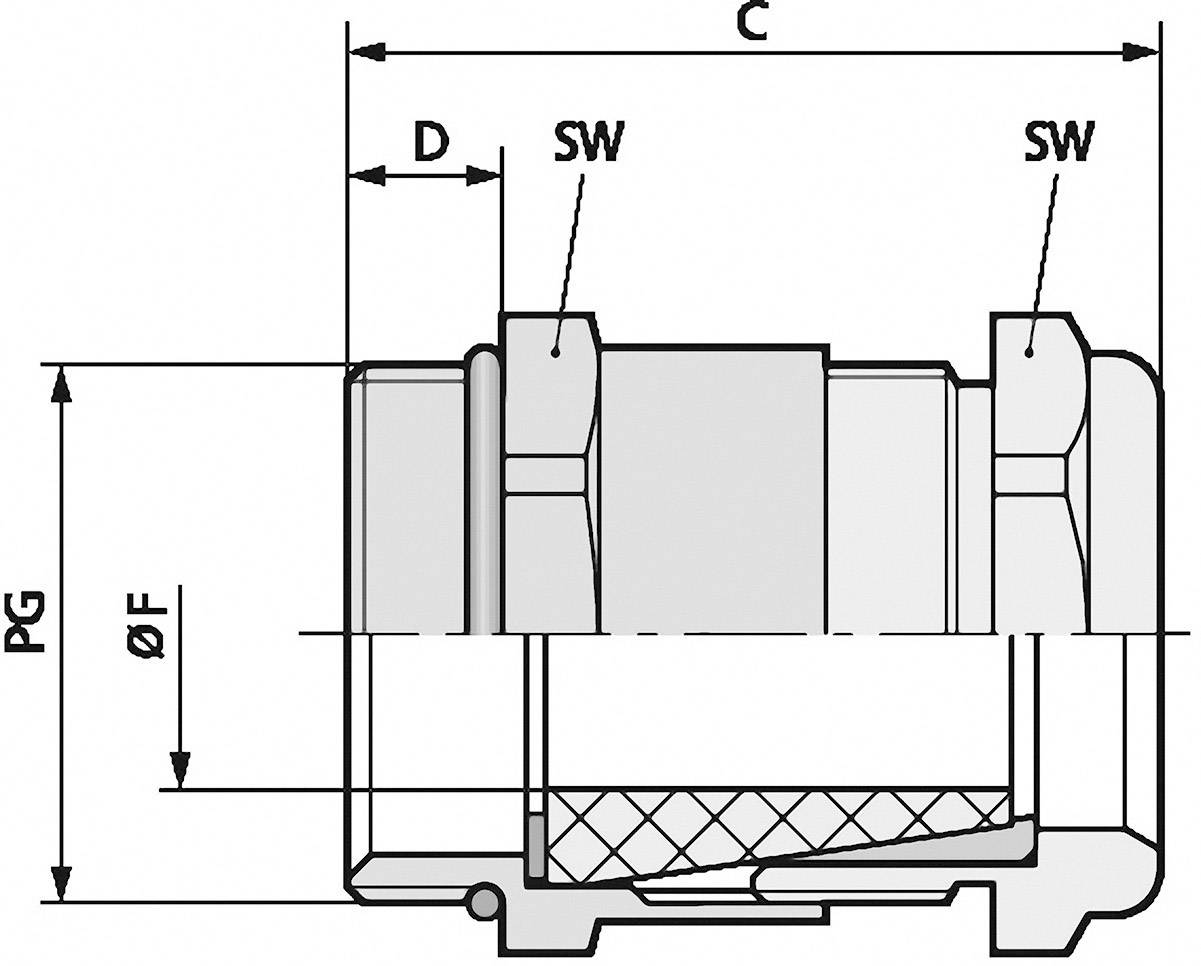 Technische Zeichnung einer Rohrverschraubung, zeigt Dimensionen PG, ØF, D, und C, sowie Schlüsselweite SW. Klarheit über Bauteilgrößen.