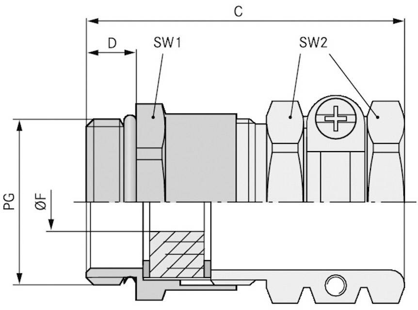 Technische Zeichnung eines Anschlussklemmenmoduls mit Abmessungen und Bezeichnungen: PG, ØF, C, D, SW1, und SW2. Zeigt Querschnitt.