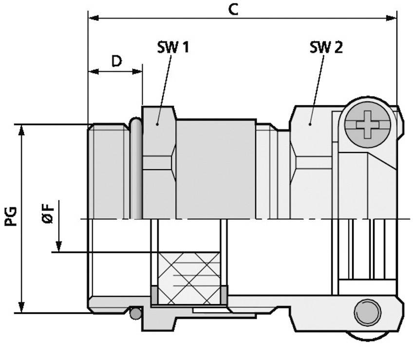 Technische Zeichnung eines rechteckigen Bauteils mit Maßangaben: C, D, PG, ØF, SW1 und SW2. Zeigt Detailansicht und Verbindungsstellen.