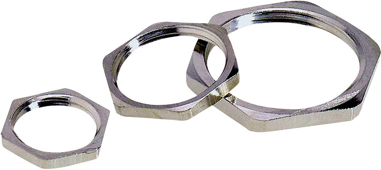 Drei unterschiedlich große silberne Sechskantmuttern aus Metall, nebeneinander angeordnet, auf weißem Hintergrund.