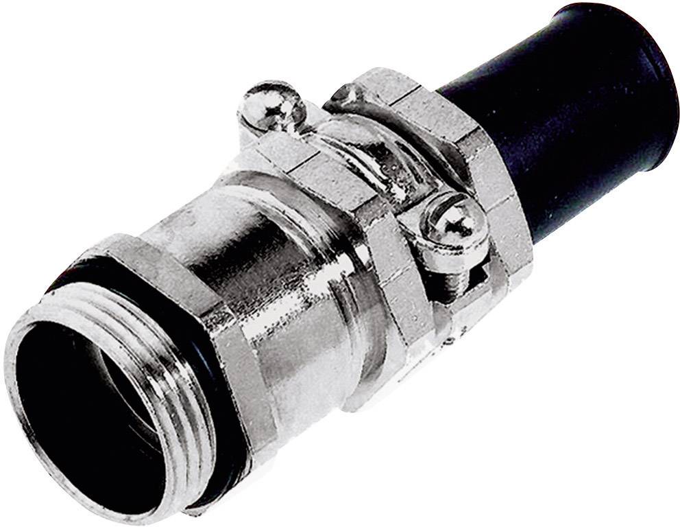 Ein metallischer Rohrverbinder mit sechseckiger Mutter und schwarzem Kunststoffende. Eignet sich für industrielle Anwendungen.