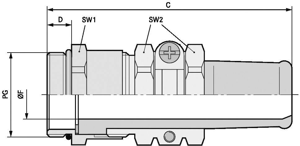 Seitenansicht einer technischen Zeichnung eines Steckverbinders mit Markierungen für Maße C, D, und Durchmesser ØF sowie SW1 und SW2.