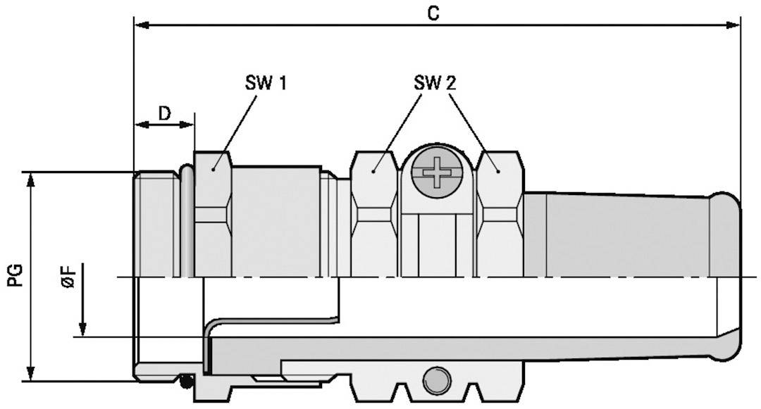 Technische Zeichnung eines Anschlussstücks mit Maßen: Durchmesser D, Breite SW1, SW2 und Länge C. Zeigt Gewinde und Montageteile.