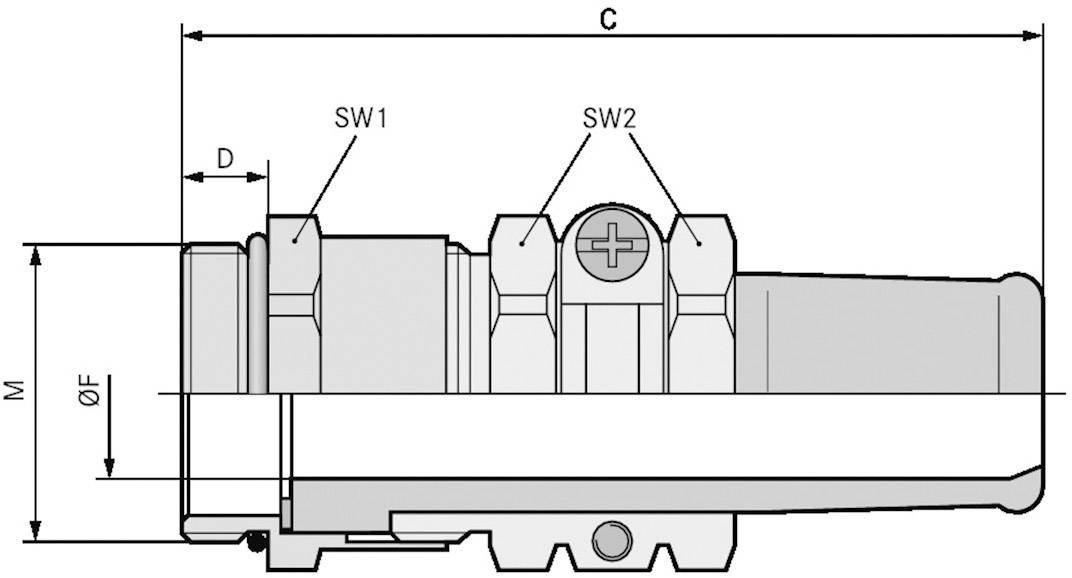 Technische Zeichnung eines Schraubanschlusses mit Maßen: C, D, M, ØF; zwei Schraubenschlüsselgrößen markiert als SW1 und SW2.