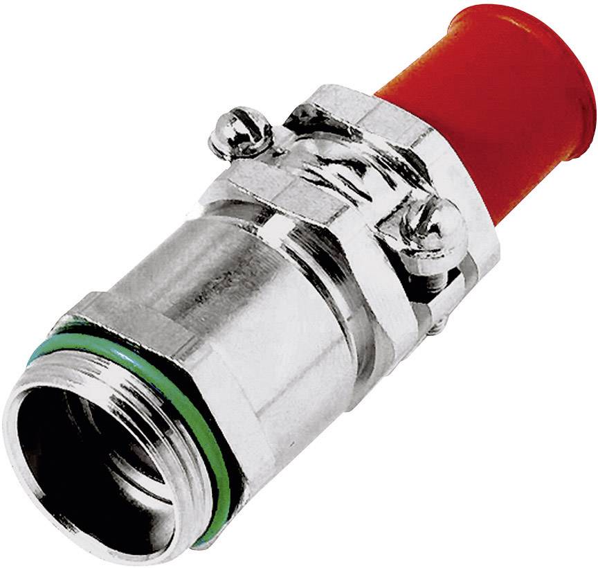 Metallverschraubung mit roter Abdeckung, grünem Dichtungselement und Verschraubungselementen, zur Verbindung von Kabeln oder Rohren.