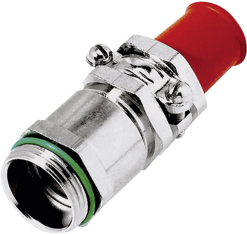 Ein Metall-F-Stecker mit rotem Kunststoffabschluss und grünem Dichtring, geeignet für Kabelverbindungen, Antennen oder Satellitenanlagen.