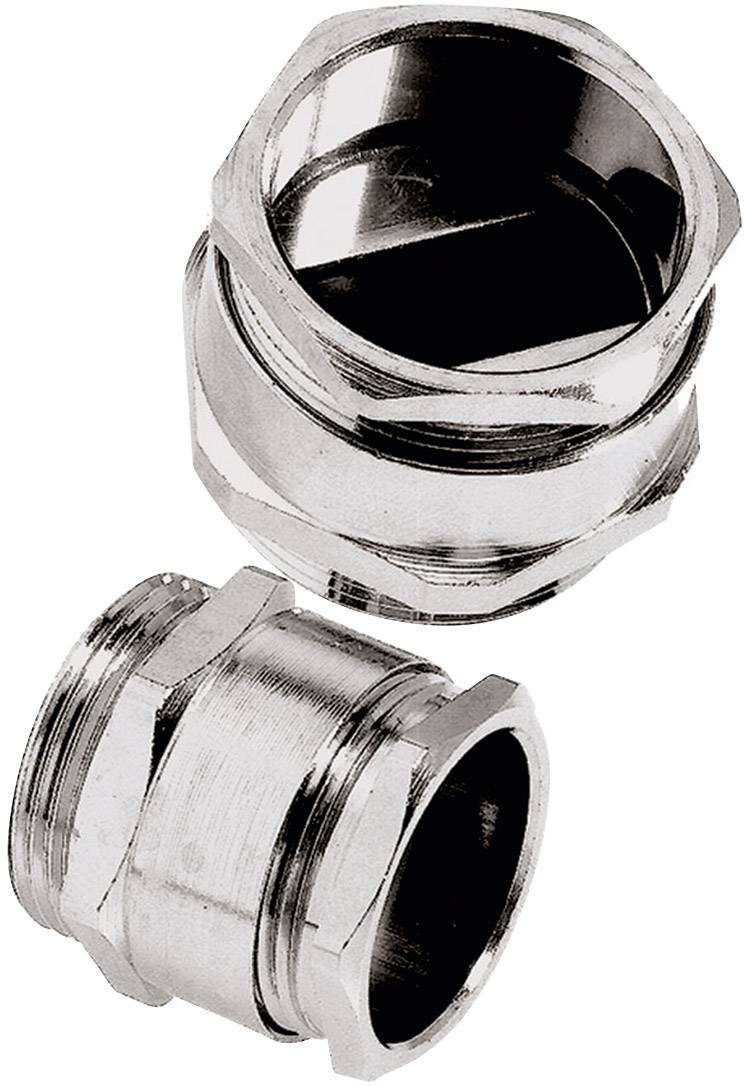 Zwei Metallverschraubungen in silberner Farbe. Sie haben ein sechseckiges Design und sind in unterschiedlicher Ausrichtung abgebildet.