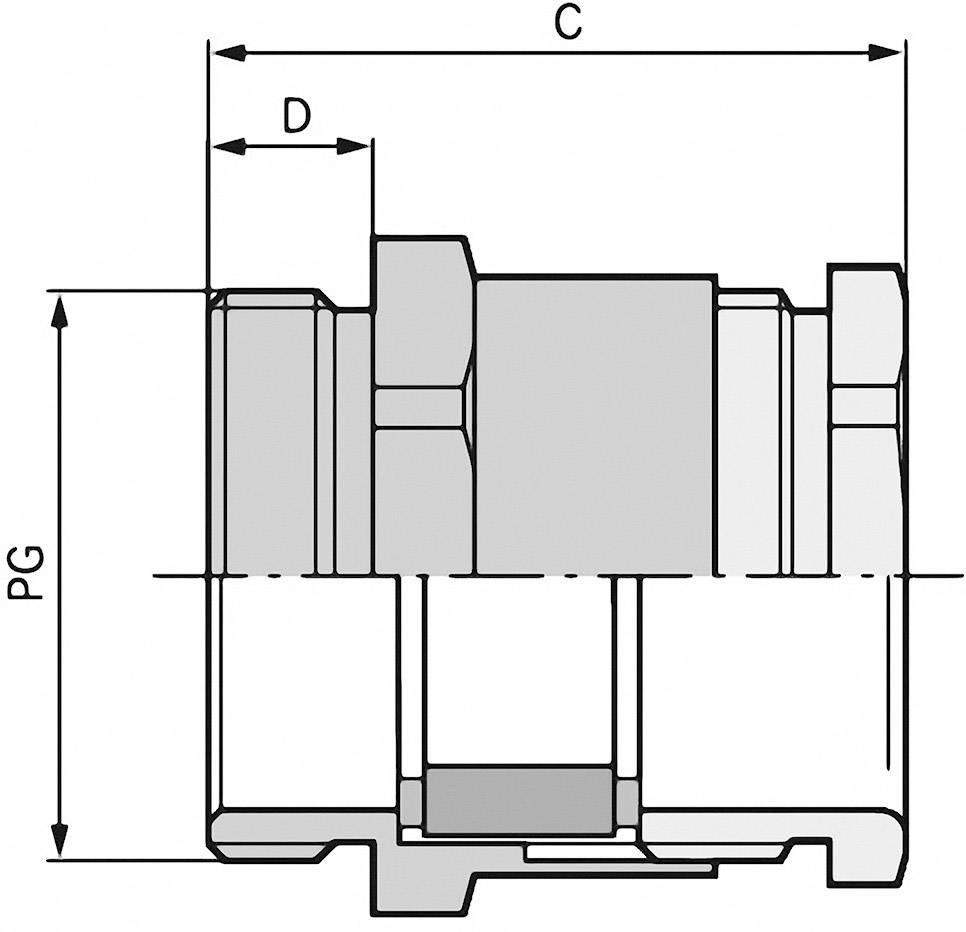 Schematische Zeichnung eines mechanischen Teils mit Maßen PG, D und C; zeigt Querschnitt und technische Details des Bauteils.