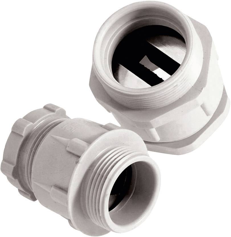 Zwei graue Kunststoffschraubverschlüsse, die vermutlich für Kabel- oder Rohrverbindungen verwendet werden.