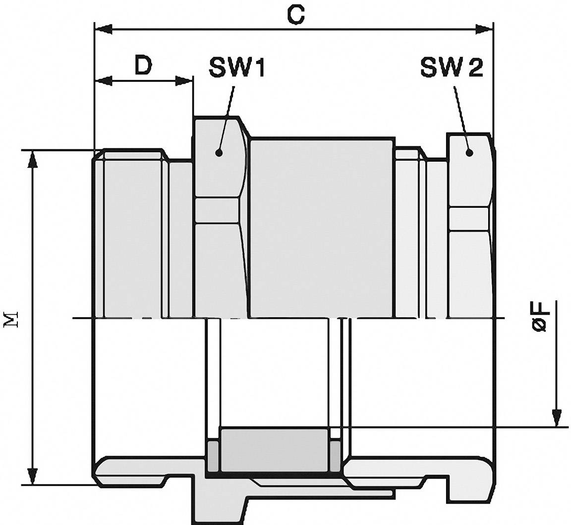 Technische Zeichnung eines mechanischen Bauteils mit Maßen: C, D, M, SW1, SW2 und ØF. Zeigt Anschlüsse und Abmessungen.