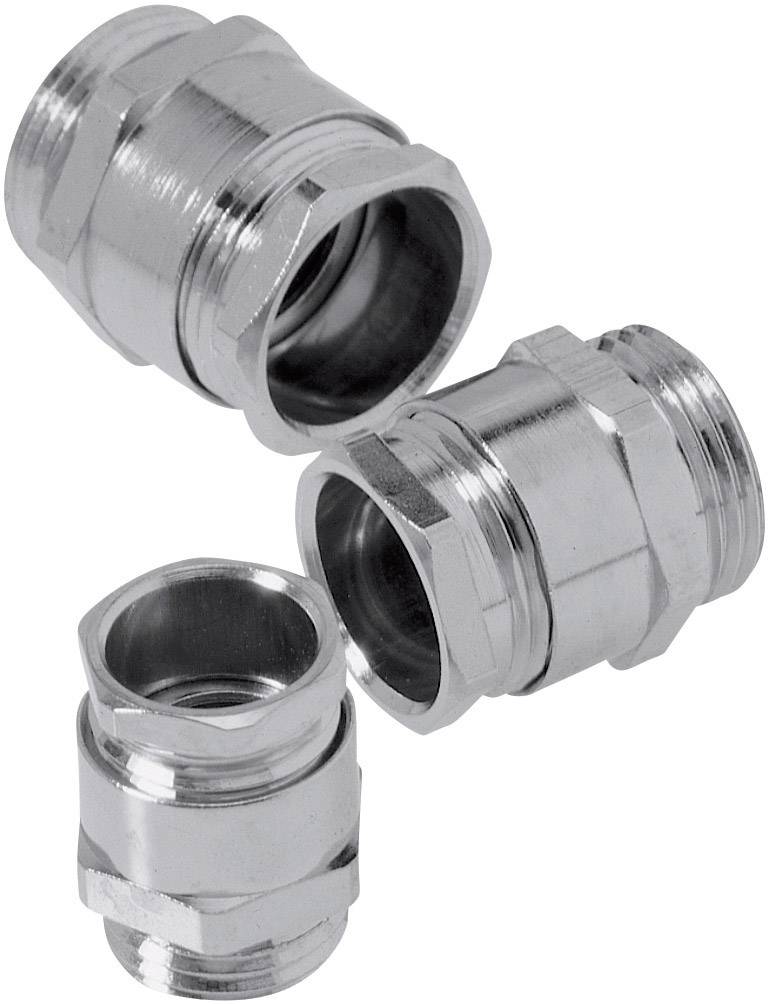 Drei silberne Metallverschraubungen, zwei liegend und eine aufrecht. Sie sind glänzend und scheinen gleich groß zu sein.