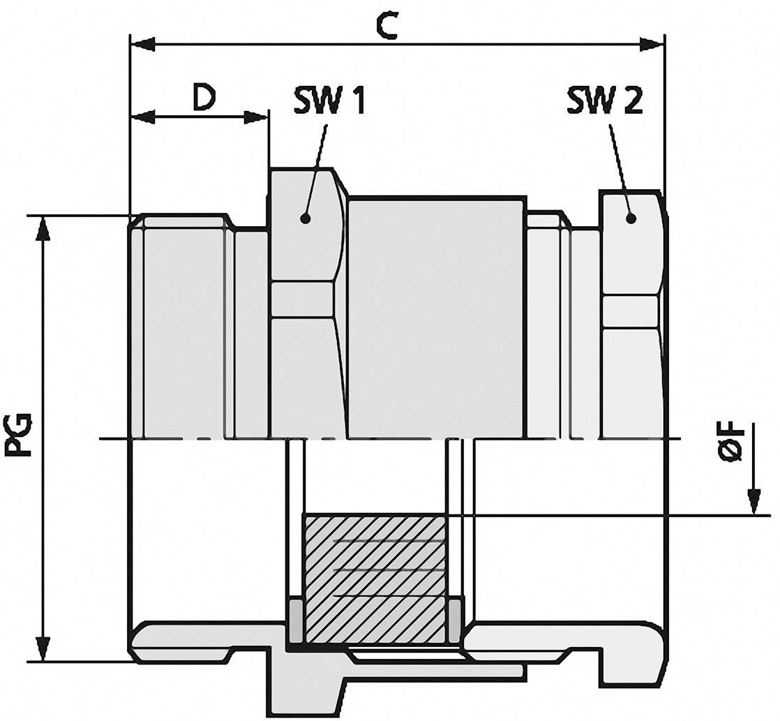 Technische Zeichnung eines Fittings mit den Maßen C, D und PG. Es gibt SW1 und SW2 als Schlüsselweiten sowie ØF als Durchmesser.