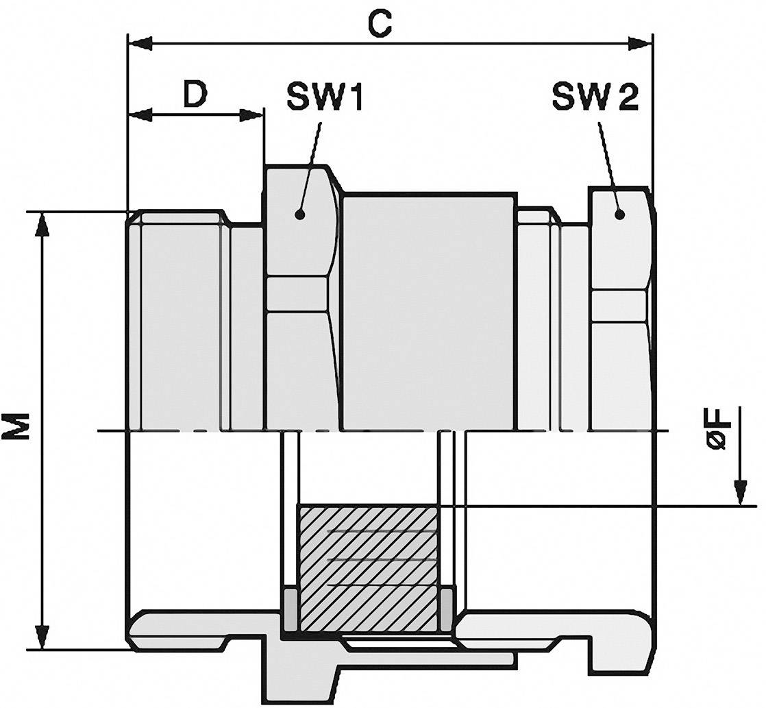 Schematische Darstellung eines technischen Bauteils mit Maßen: 'D', 'C', 'SW1', 'SW2', 'M', 'ØF'. Quer- und Längsschnitt gezeigt.