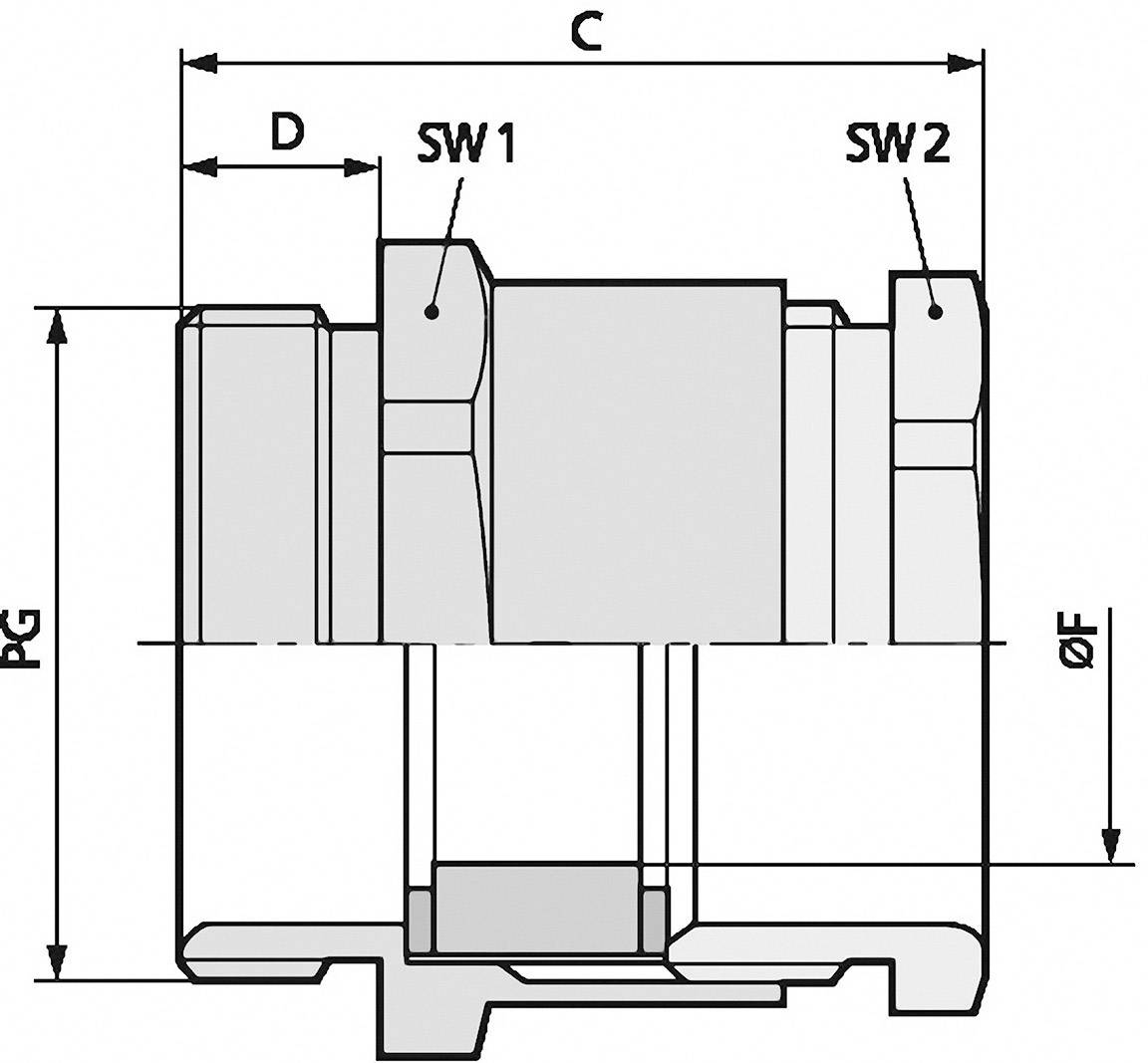 Technische Zeichnung eines Verbindungsstücks mit Maßen: Breite (C), Tiefe (D), Innendurchmesser (ØF), Gewindetiefe (PG), Schlüsselweiten (SW1, SW2).