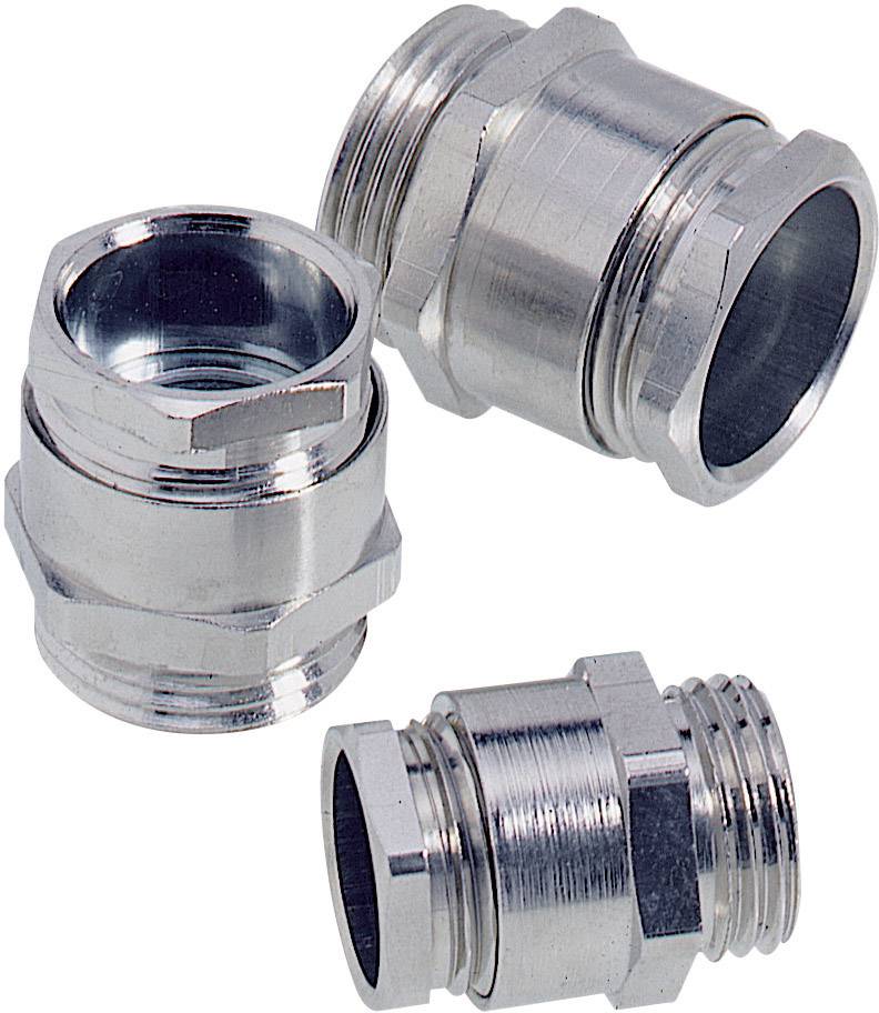 Drei metallische Rohrverschraubungen in verschiedenen Größen, aus gebürstetem Stahl, vor einem weißen Hintergrund dargestellt.