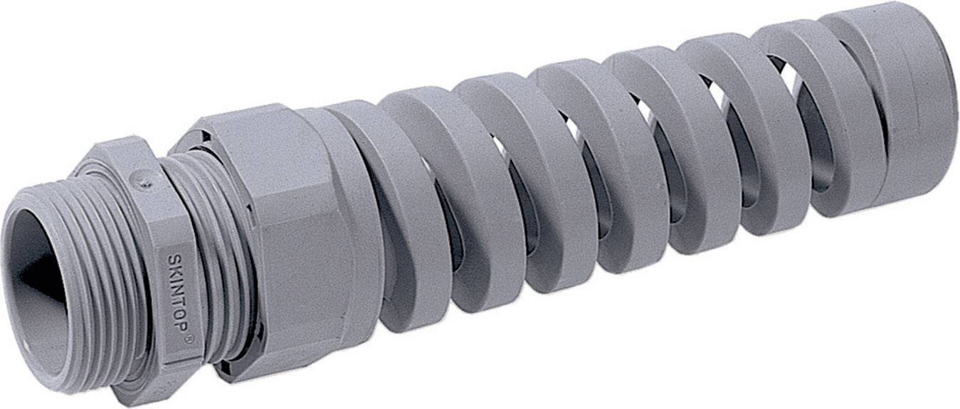 Graues, spiralförmiges Kabelverschraubungsstück aus Kunststoff, mit der Aufschrift 'SKINTOP' an der Seite. Verwendet zur Kabelsicherung.