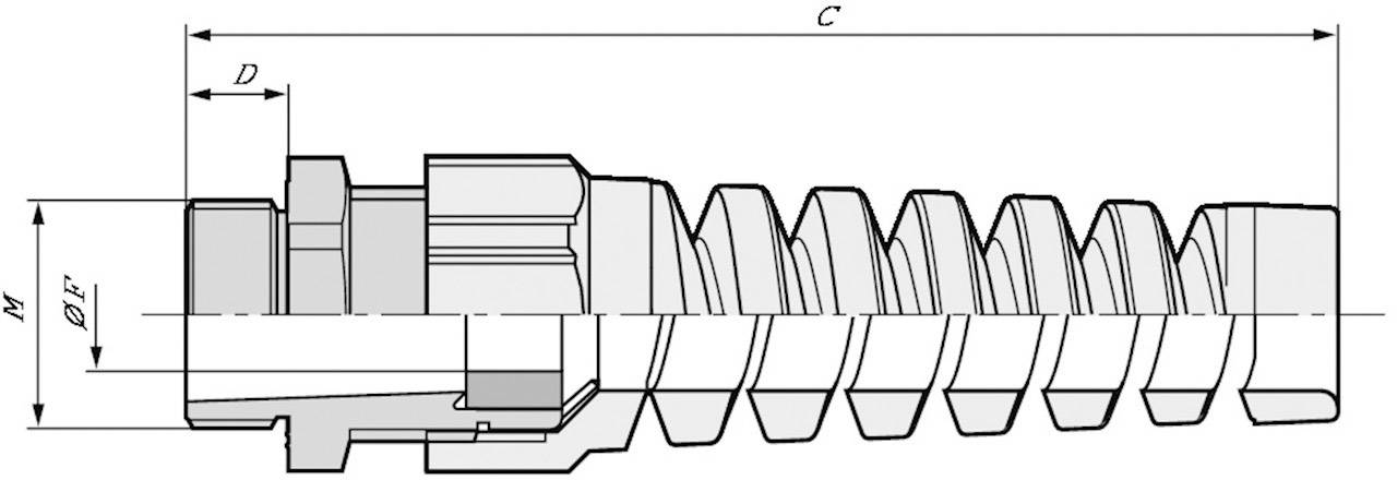 Technische Zeichnung einer Spiralfeder. Gezeigt werden Maße für Durchmesser und Länge mit den Bezeichnungen 'D', 'C', 'M', und 'E'.