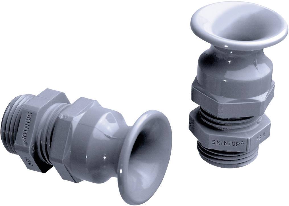 Zwei graue Kabelverschraubungen aus Kunststoff auf weißem Hintergrund. Links einseitig, rechts komplett gezeigt.