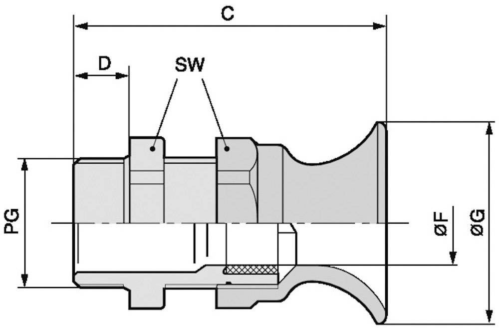 Technische Zeichnung eines zylindrischen Bauteils mit Maßen C, D, F, G, PG, und SW markiert. Querschnittsansicht zeigt interne Details.