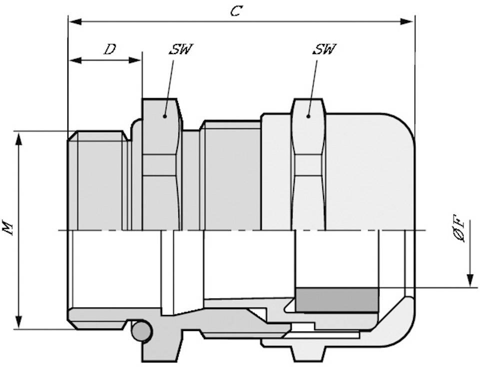 Technische Zeichnung eines mechanischen Teils mit Beschriftungen: Umrisse, Längen C und D, Gewinde M, Durchmesser ØE und Schlüsselweiten SW.