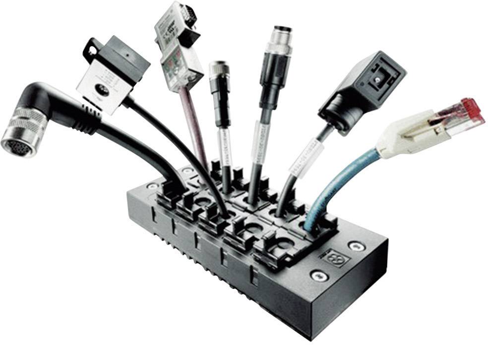 Mehrere Kabel sind an einem rechteckigen Verbindungsblock angeschlossen. Sie zeigen verschiedene Steckerarten und -formen.