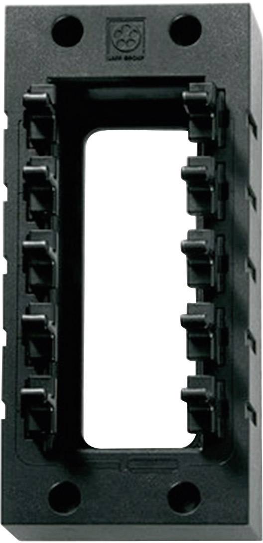 Schwarzes rechteckiges Kunststoffgehäuse mit mehreren Einrastsockeln an den Seiten, möglicherweise zur Aufnahme von Modulen oder Schaltern geeignet.