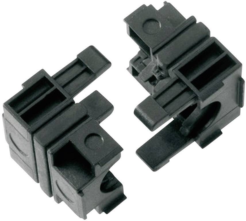 Zwei schwarze, rechteckige Kunststoffteile mit gleichmäßigen Kanten und Steckverbindung, vermutlich Teil eines größeren mechanischen Systems.