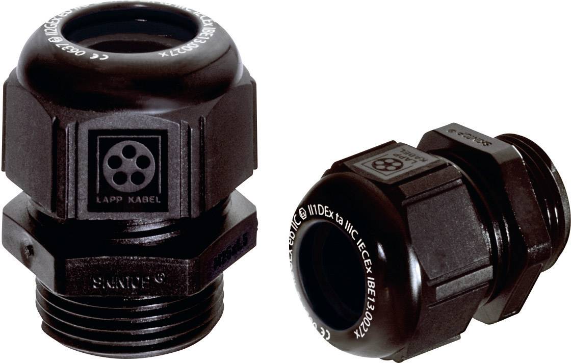 Zwei schwarze Kabelverschraubungen mit LAPP-Logo, eine zeigt die Vorderseite mit Lochmuster, die andere die Seite mit Beschriftung.