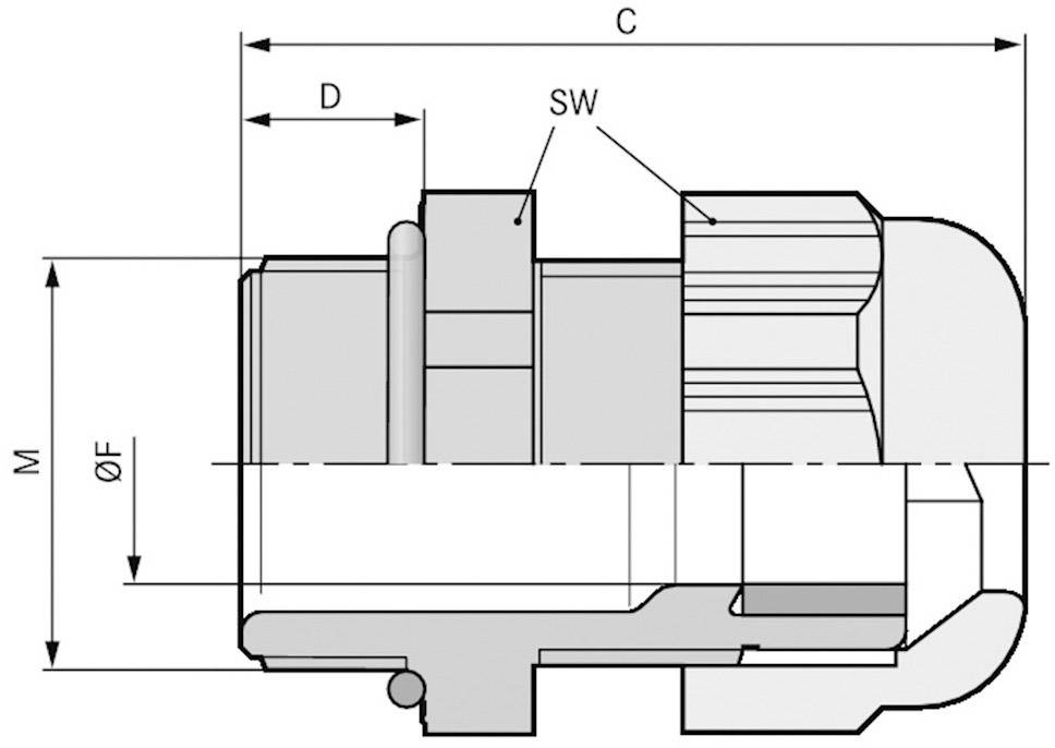 Technische Zeichnung eines mechanischen Bauteils mit Maßangaben C, D, SW, M und ØF. Seitenansicht mit Schnittansicht rechts.
