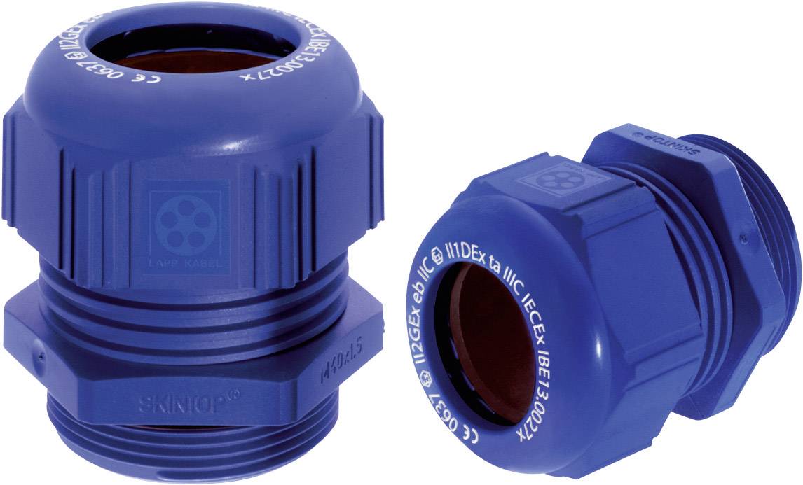 Zwei blaue Kabelverschraubungen aus Kunststoff mit Gewinde, aufrecht und liegend. Beschriftet mit Zertifizierungsinformationen.