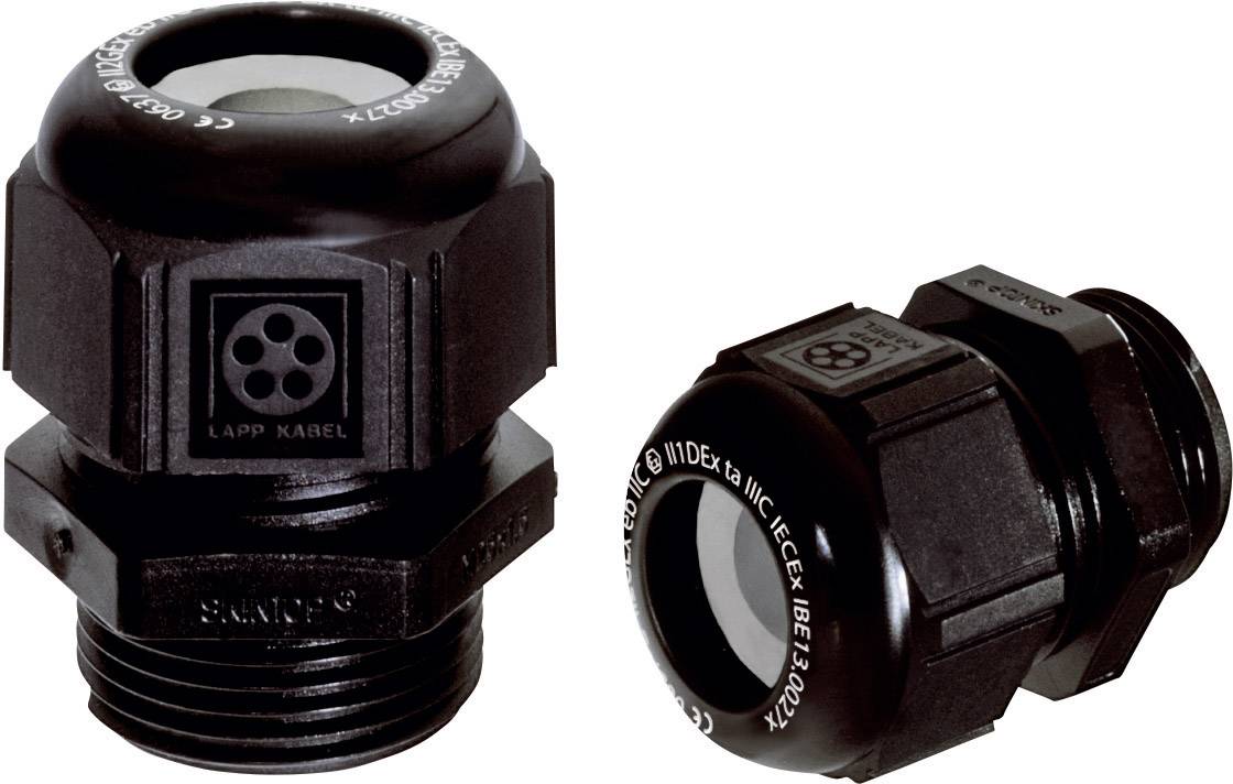 Schwarze Kabelverschraubungen mit runden Öffnungen, gezeigt aus zwei Perspektiven. Jede Verschraubung trägt eine Kennzeichnung auf der Oberfläche.