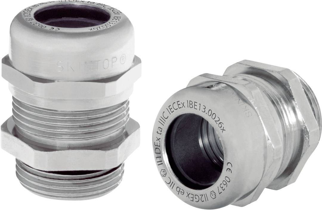 Zwei metallene Kabelverschraubungen, eine stehend und eine liegend, mit Gewinde und glatter Oberfläche für elektrische Anwendungen.