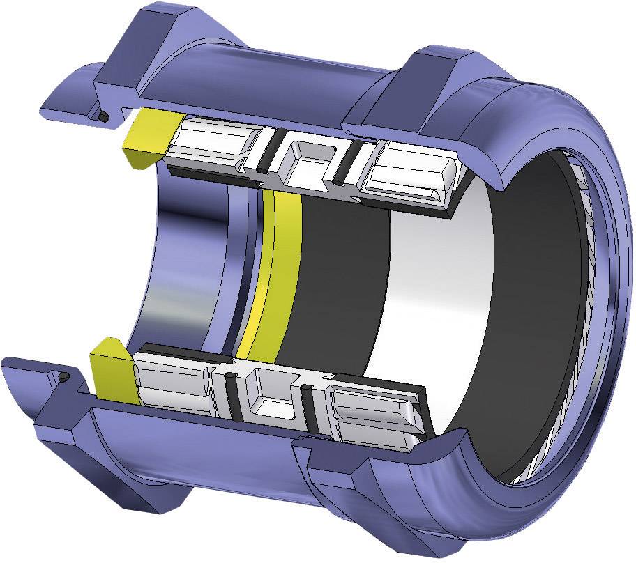 Schnittdarstellung eines Lagers mit Wälzkörpern, Gehäuse und Dichtungen, die technische Details eines Maschinenbauteils zeigen.