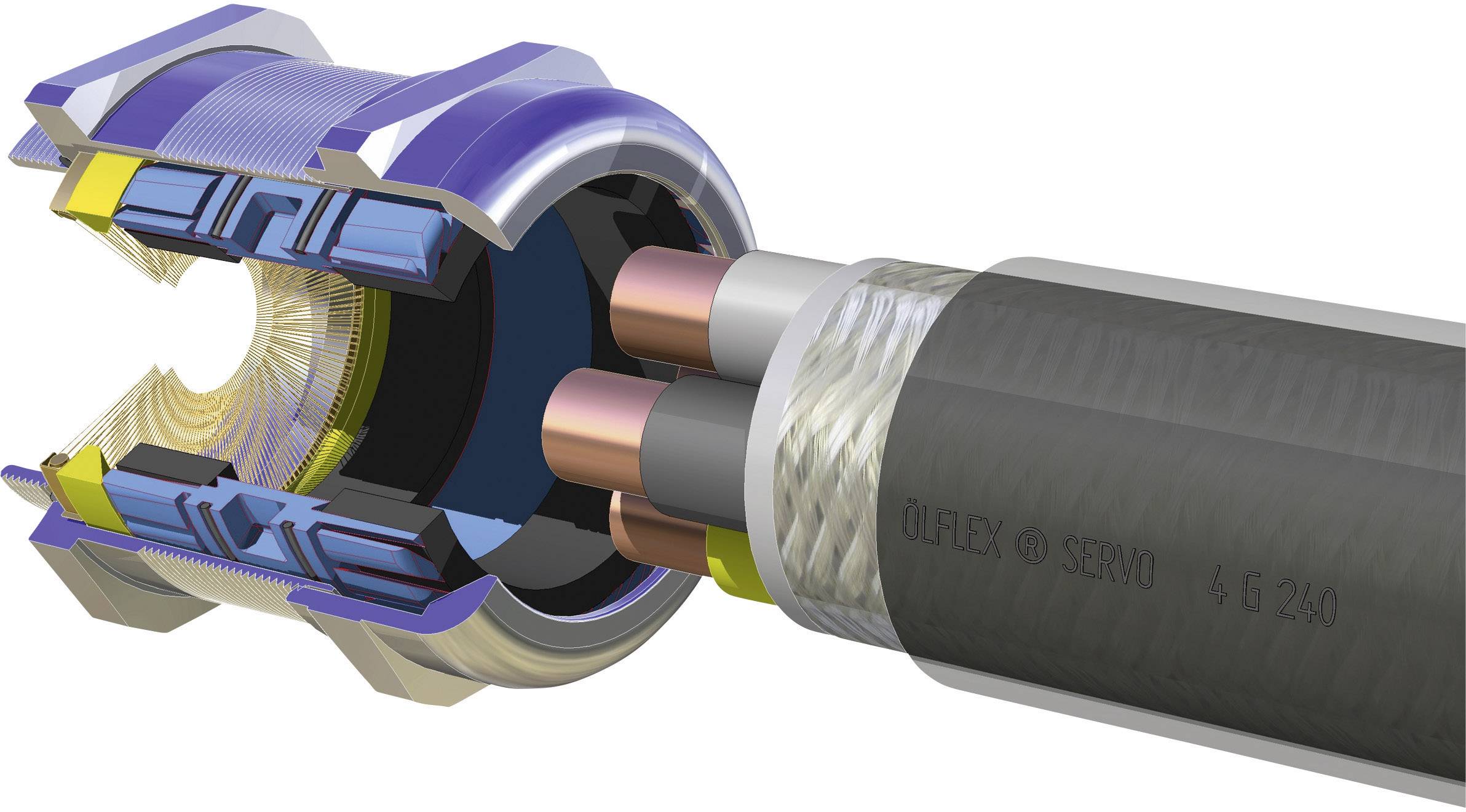 Querschnitt eines industriellen Kabels, das verschiedene Schichten wie Isolierung und Kupferleiter zeigt.