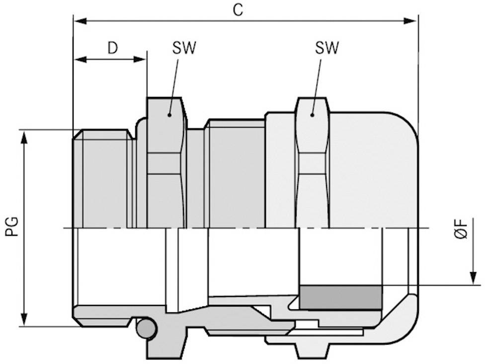 Technische Zeichnung einer mechanischen Komponente mit Beschriftungen 'C', 'D', 'SW', 'PG' und 'ØF', die Maße und Details zeigt.