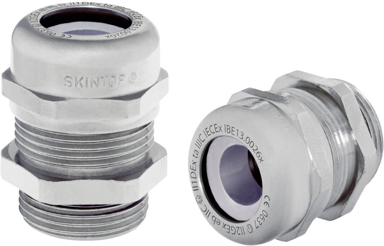 Zwei metallene Kabelverschraubungen. Links eine seitliche, rechts eine frontal sichtbare Ansicht. Markierungen und Gewinde sind erkennbar.