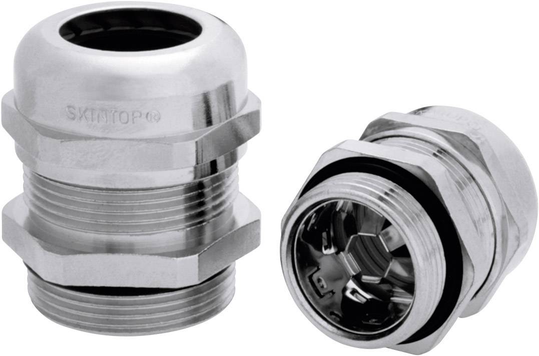 Zwei metallische Kabelverschraubungen aus Edelstahl für den industriellen Einsatz, zeigen die Innen- und Außenansicht der Konstruktion.