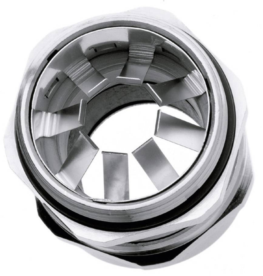 Ein silbernes Metallbauteil mit einem runden, geschlitzten Innenring und gerilltem Außenrand, wahrscheinlich ein Anschlussstück.