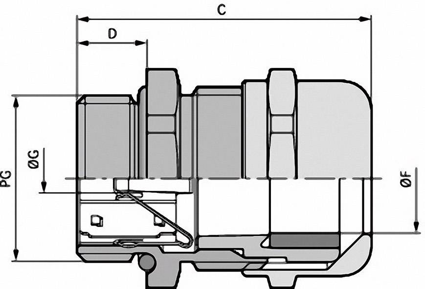 Technische Zeichnung eines Rohrverbinders mit Maßangaben: ØG, ØF, PG, C, D. Zeigt Details der inneren und äußeren Struktur.