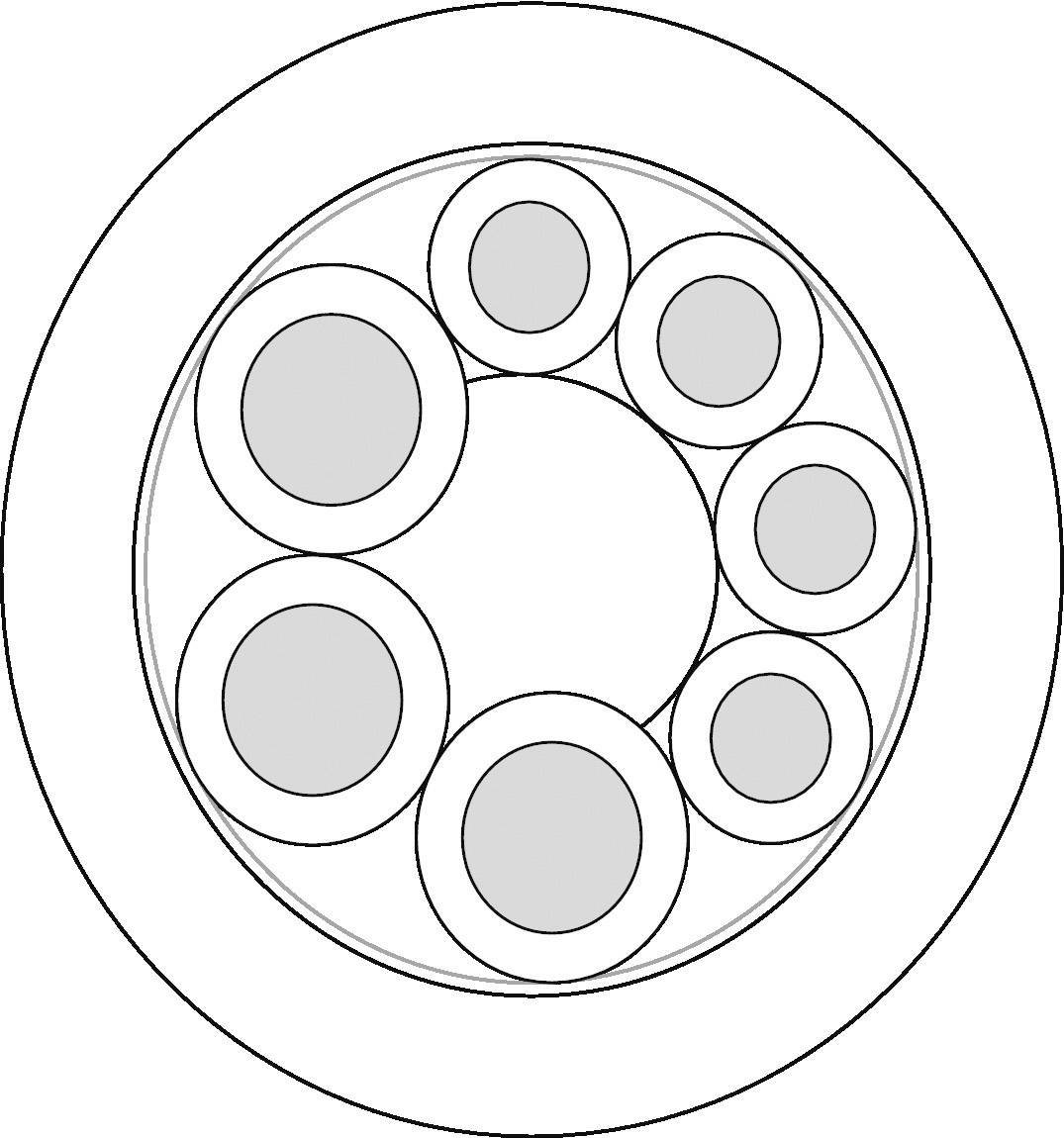 Querschnitt eines Kugellagers mit mehreren Lagern, die konzentrisch angeordnet sind.